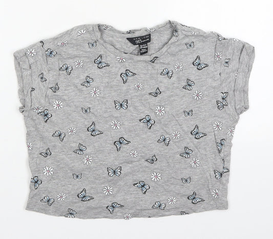 New Look Girls Grey Floral Cotton Cropped T-Shirt Size 10-11 Years Round Neck Pullover - Butterflies