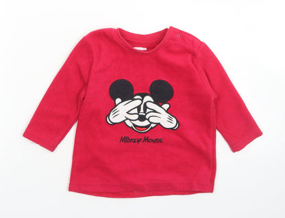 Preloved Primark Girls Red  Polyester Pullover T-Shirt Size 12-18 Months Crew Neck Button - Mickey Mouse - Front