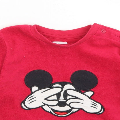 Preloved Primark Girls Red  Polyester Pullover T-Shirt Size 12-18 Months Crew Neck Button - Mickey Mouse - Detail