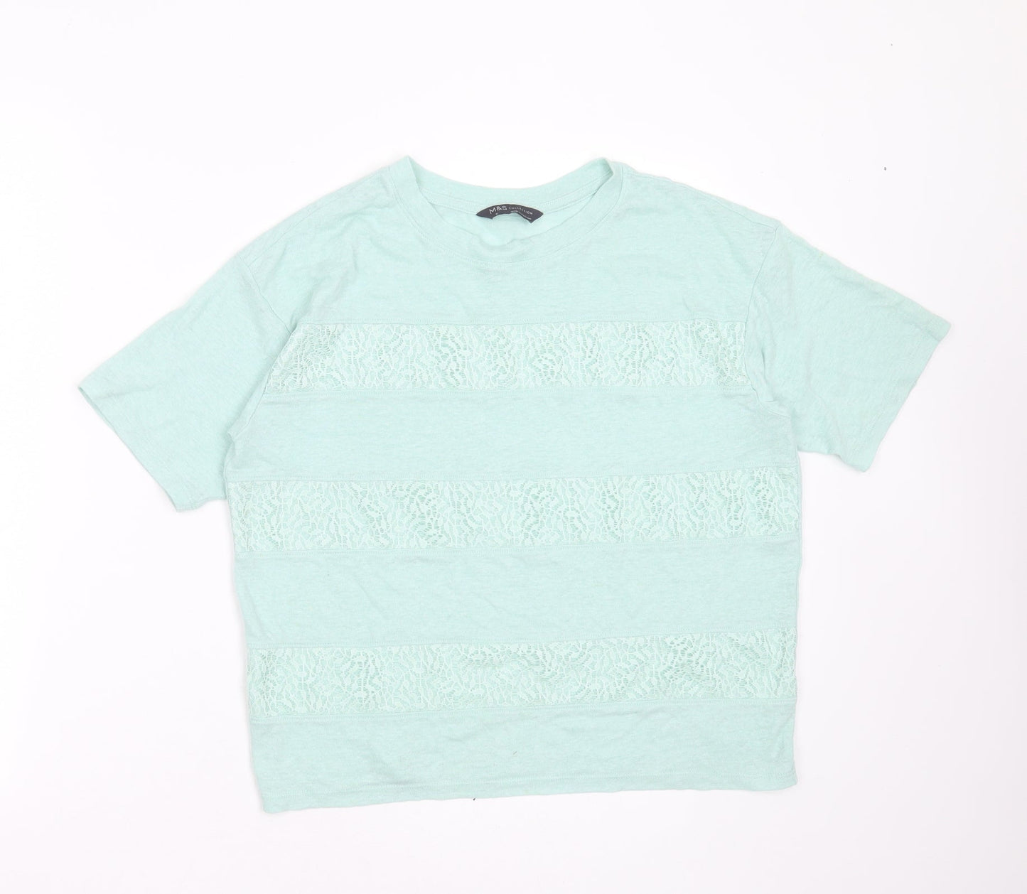 Marks and Spencer Womens Green Striped Polyester Blend Basic T-Shirt Size 10 Round Neck - lace detail