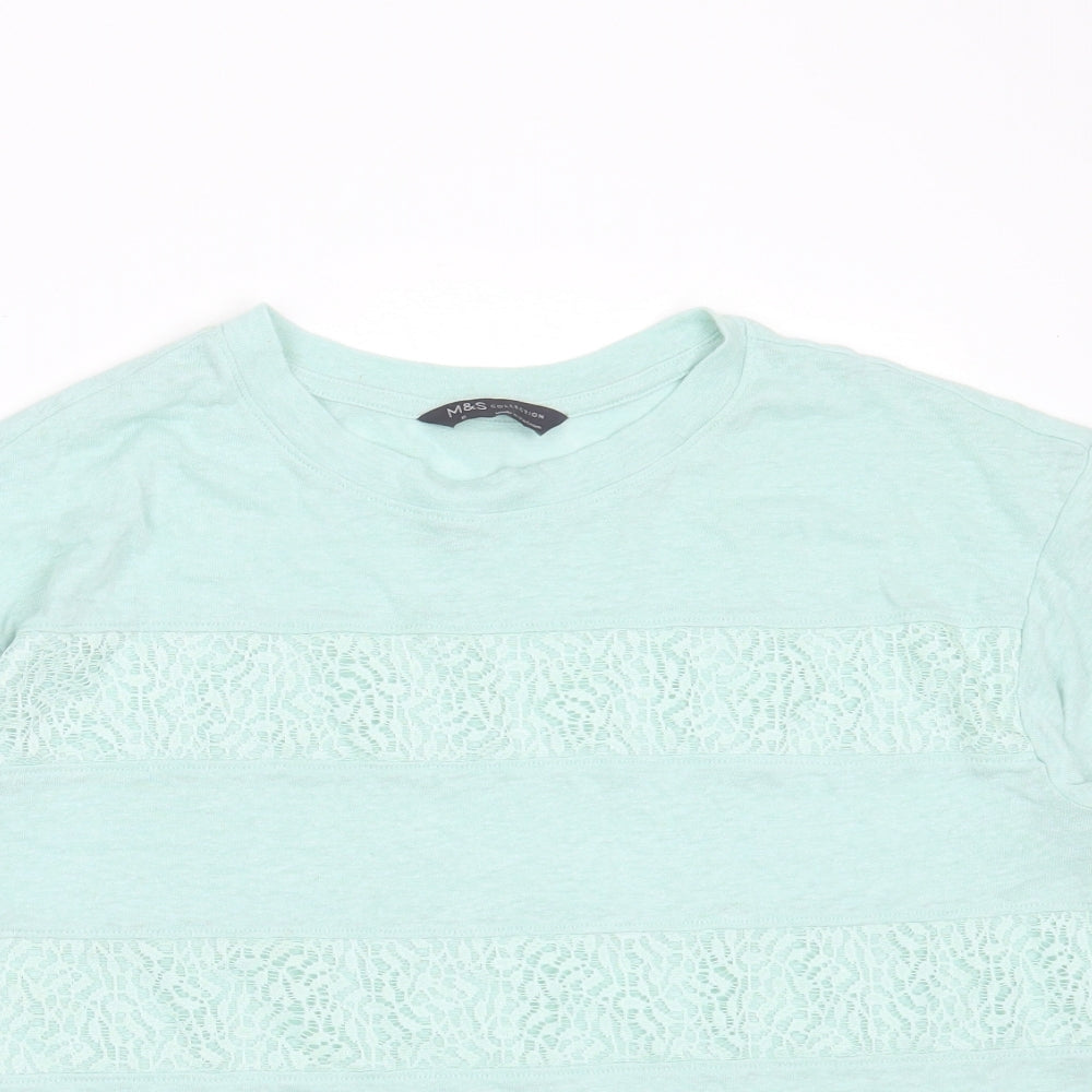 Marks and Spencer Womens Green Striped Polyester Blend Basic T-Shirt Size 10 Round Neck - lace detail