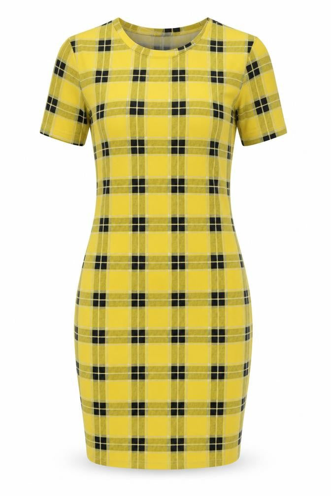 H&M Womens Yellow Check Cotton Bodycon  Size XS  Round Neck