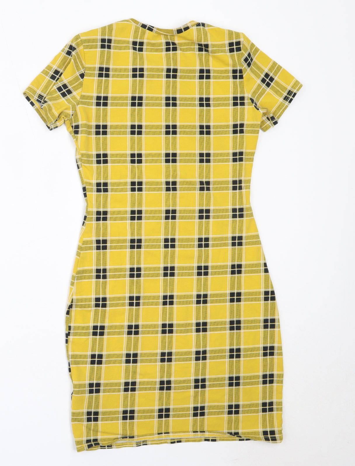 H&M Womens Yellow Check Cotton Bodycon  Size XS  Round Neck