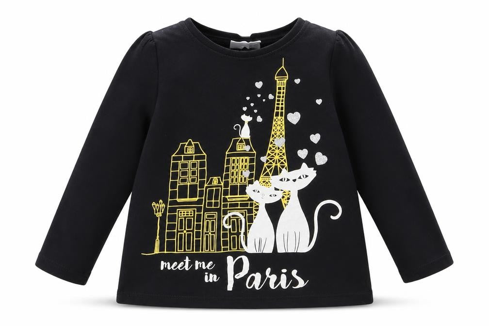 so cute Girls Black  Cotton Basic T-Shirt Size 12-18 Months Crew Neck Pullover - Meet me in Paris
