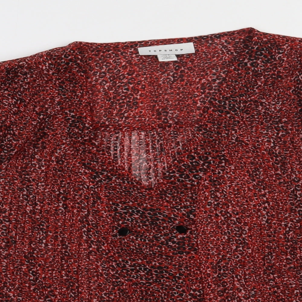 Topshop Womens Red Animal Print Polyester Basic Blouse Size 8 V-Neck