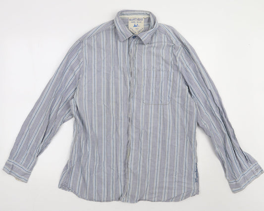 Debenhams Mens Blue Striped Cotton  Button-Up Size L Collared Button