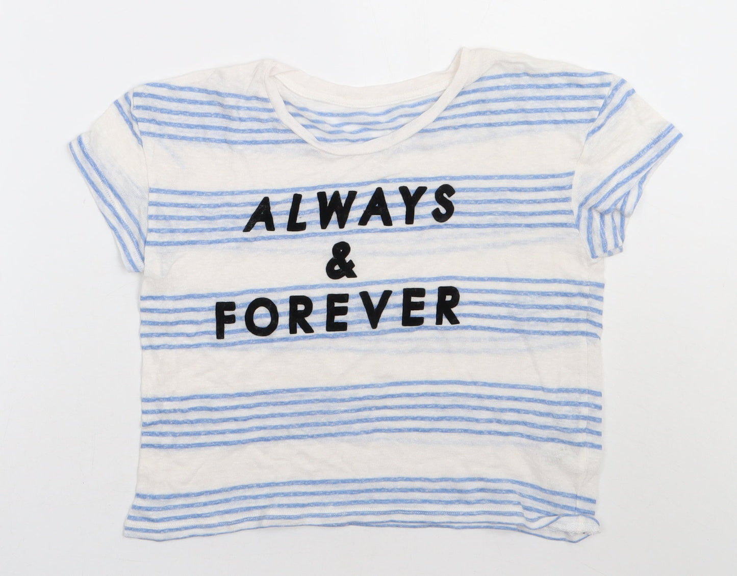 Marks and Spencer Womens Blue Striped Linen Cropped T-Shirt Size 8 Crew Neck - always & forever