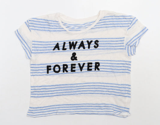 Marks and Spencer Womens Blue Striped Linen Cropped T-Shirt Size 8 Crew Neck - always & forever