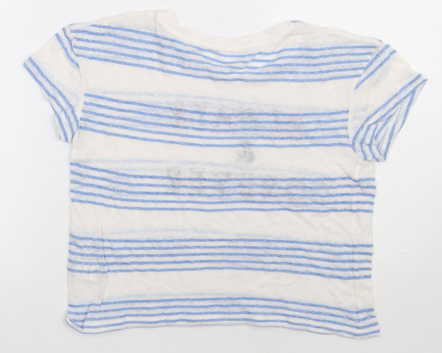 Marks and Spencer Womens Blue Striped Linen Cropped T-Shirt Size 8 Crew Neck - always & forever