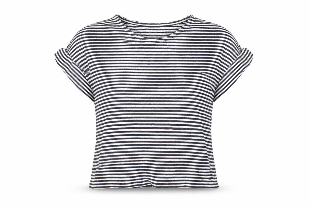 Lindstorm Womens Blue Striped Cotton Basic T-Shirt Size L Round Neck