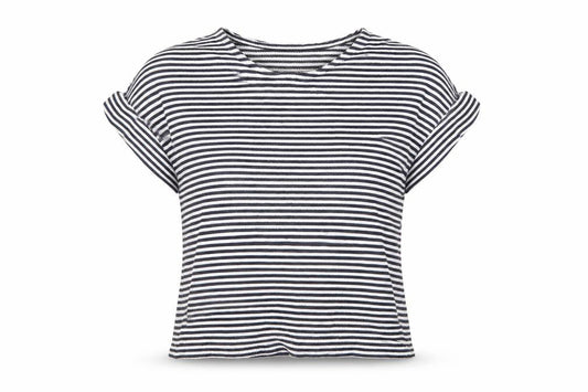 Lindstorm Womens Blue Striped Cotton Basic T-Shirt Size L Round Neck