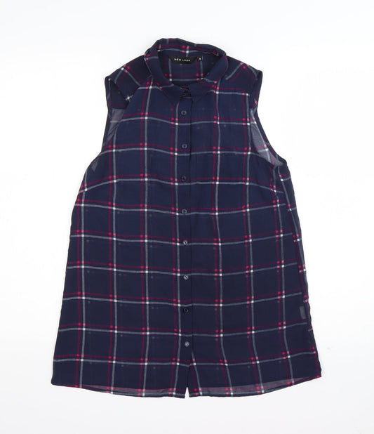 New Look Womens Blue Check Polyester Basic Button-Up Size 8 Collared