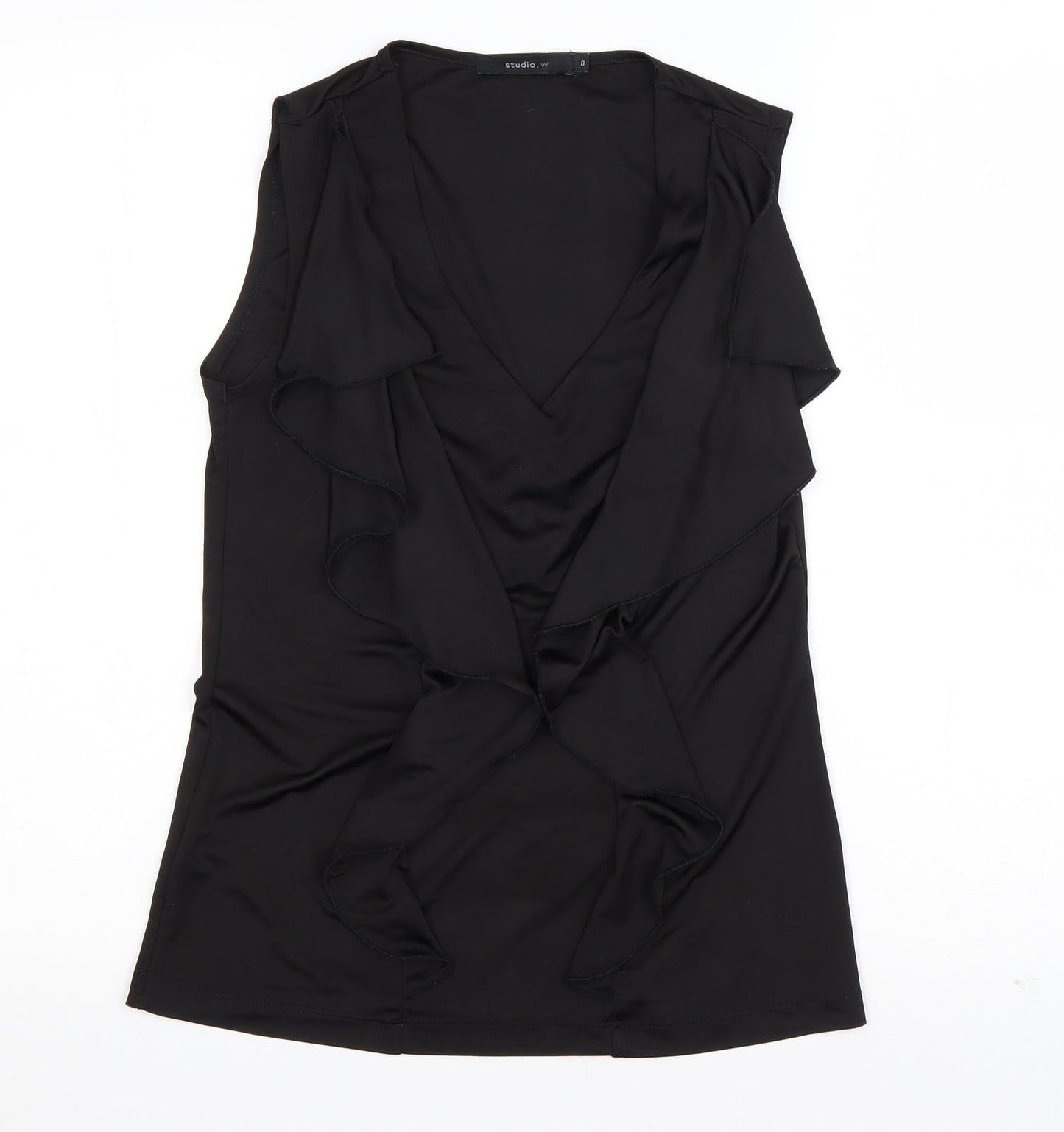 Studio.W Womens Black  Polyester Basic Tank Size 8 Round Neck - Ruffled