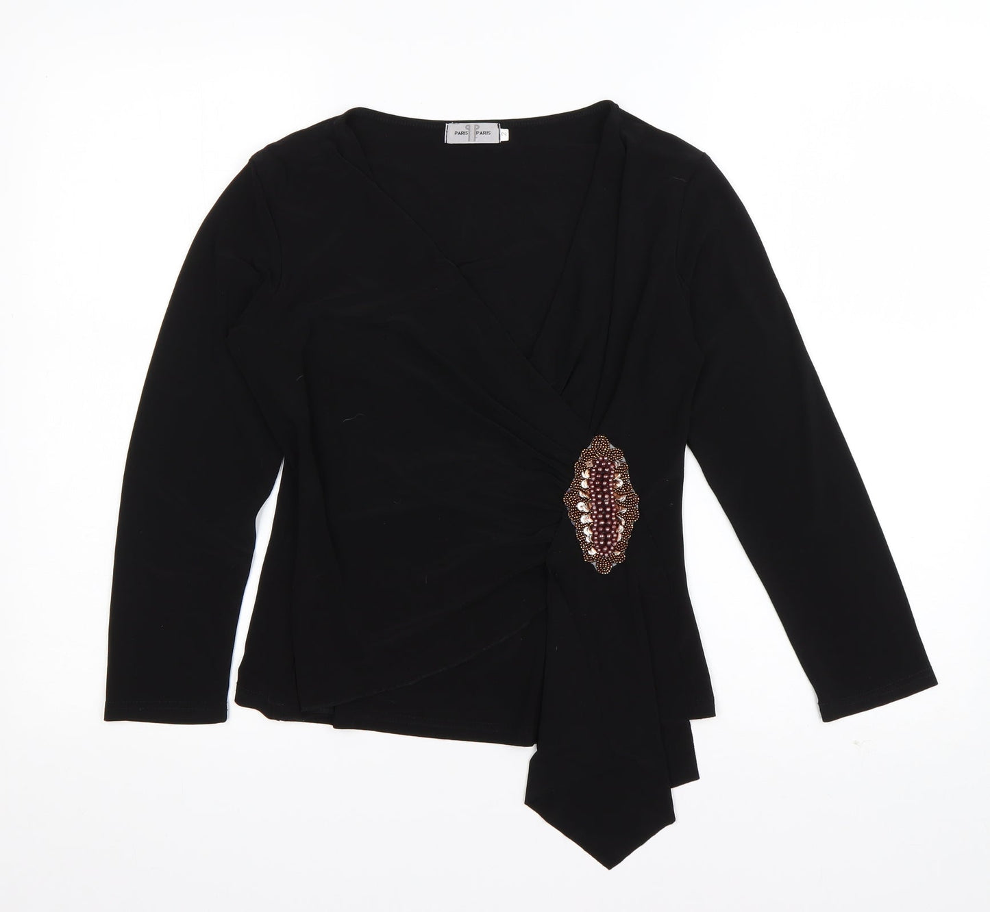 Paris Paris Womens Black  Polyester Basic T-Shirt Size S V-Neck - Embellished