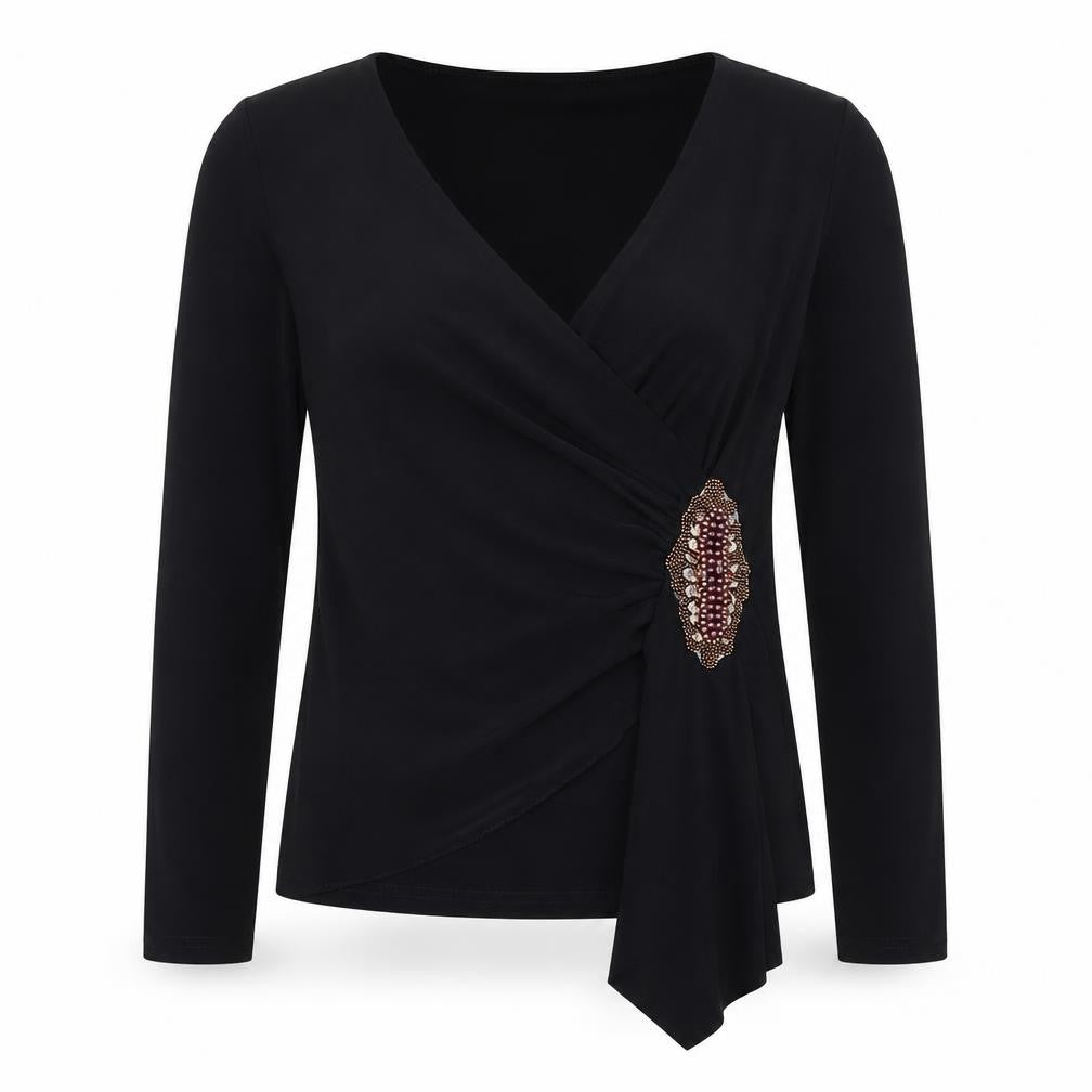 Paris Paris Womens Black  Polyester Basic T-Shirt Size S V-Neck - Embellished