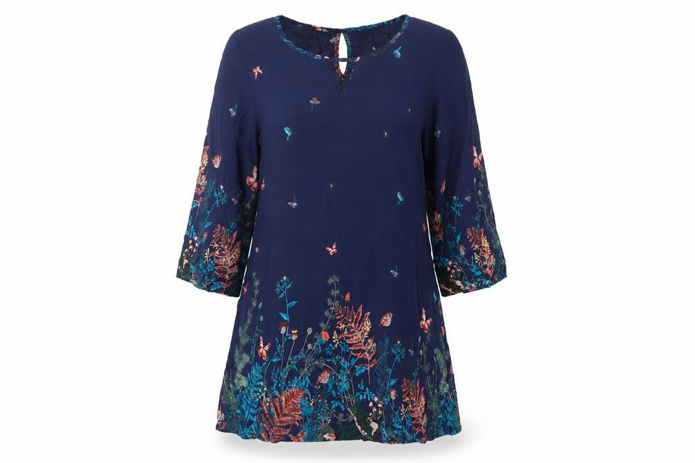 L.B.C. Womens Blue Floral Viscose A-Line  Size M  Round Neck Button