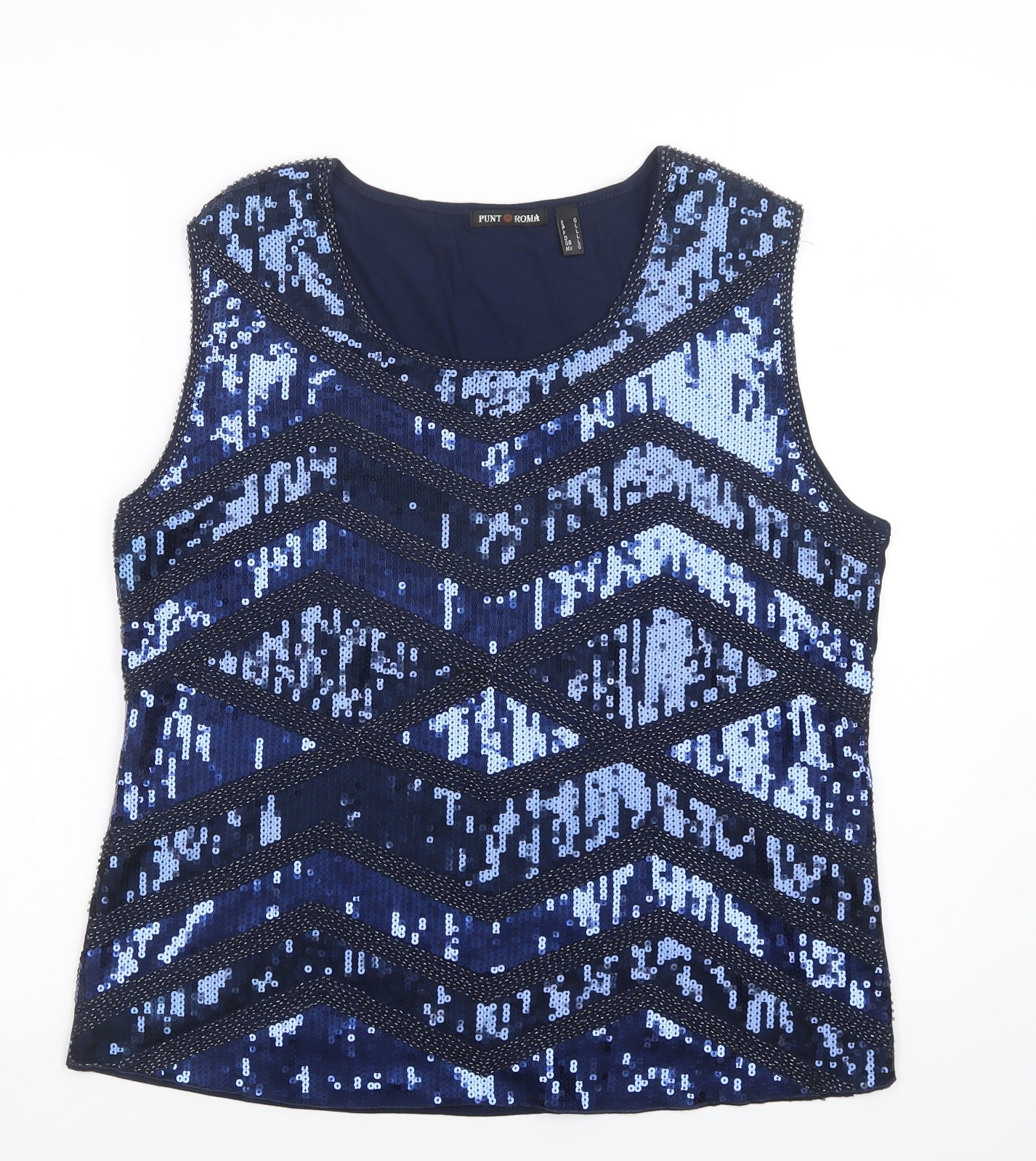 Punt Roma Womens Blue Striped Cotton Basic Blouse Size L Round Neck