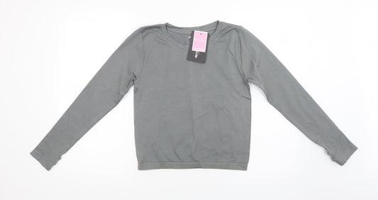 PRETTYLITTLETHING Womens Grey Striped Polyamide Cropped T-Shirt Size L Crew Neck