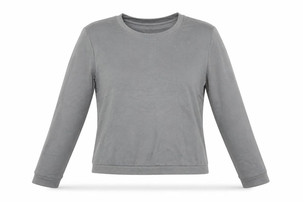 PRETTYLITTLETHING Womens Grey Striped Polyamide Cropped T-Shirt Size L Crew Neck
