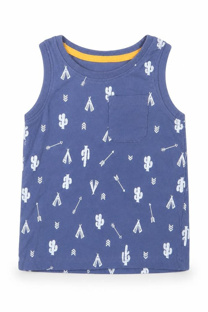 F&F Boys Blue Geometric Cotton Basic Tank Size 2-3 Years Crew Neck