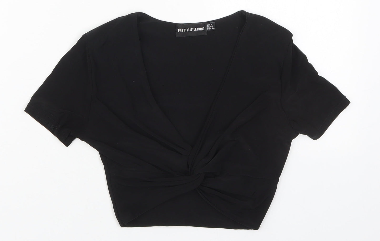 PRETTYLITTLETHING Womens Black  Polyester Cropped T-Shirt Size 6 V-Neck
