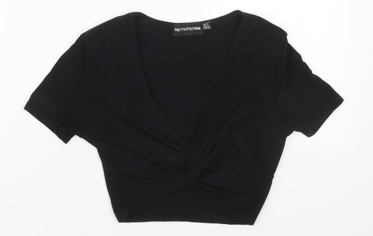 PRETTYLITTLETHING Womens Black  Polyester Cropped T-Shirt Size 6 V-Neck
