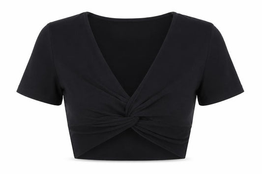 PRETTYLITTLETHING Womens Black  Polyester Cropped T-Shirt Size 6 V-Neck