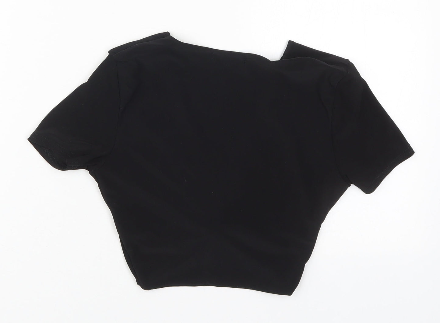 PRETTYLITTLETHING Womens Black  Polyester Cropped T-Shirt Size 6 V-Neck