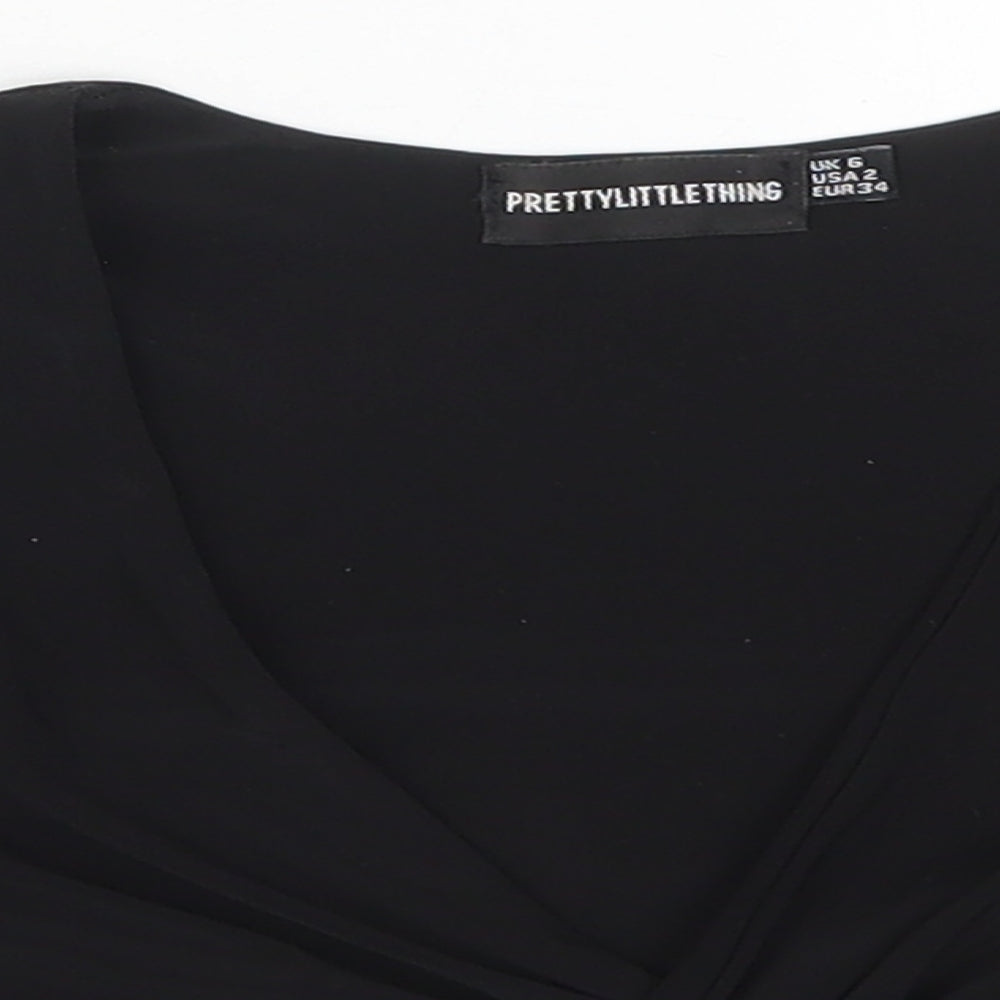PRETTYLITTLETHING Womens Black  Polyester Cropped T-Shirt Size 6 V-Neck