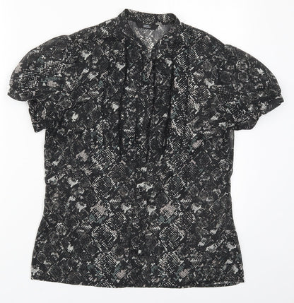 Preloved Marks and Spencer Womens Black Animal Print Polyester Basic Button-Up Size 12 Round Neck - Front