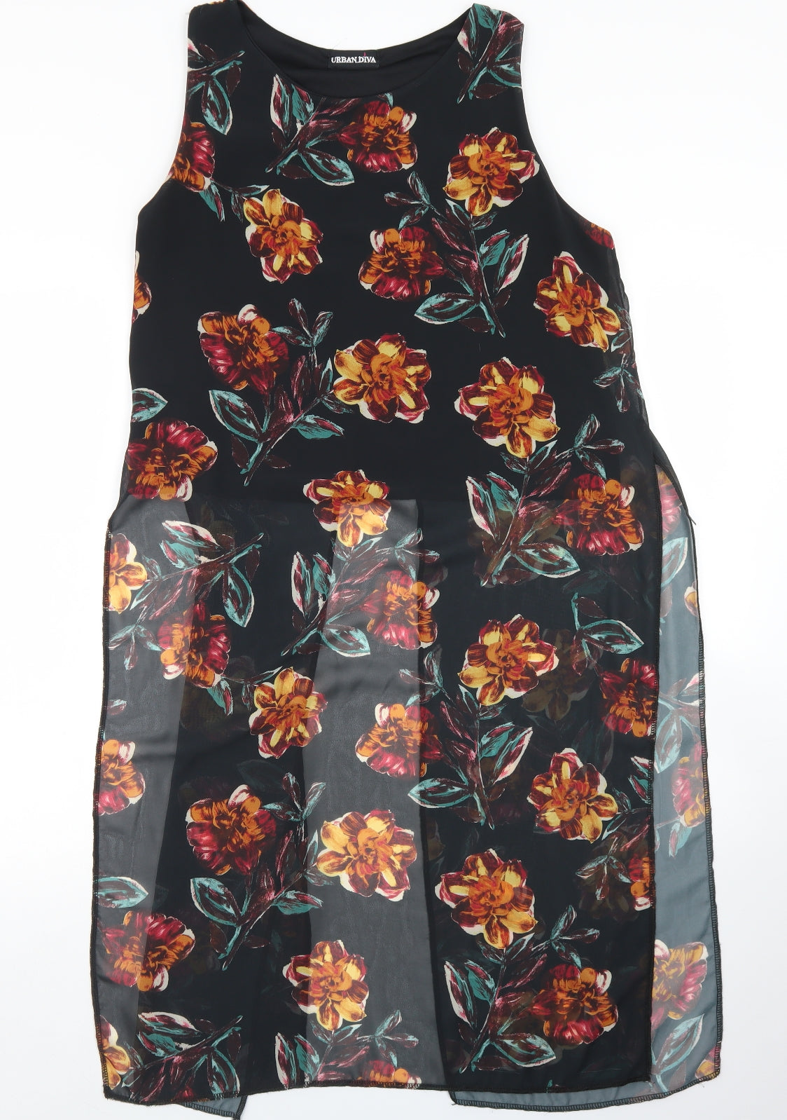Urban Diva Womens Black Floral Polyester Basic Blouse Size 14 Round Neck - Longline