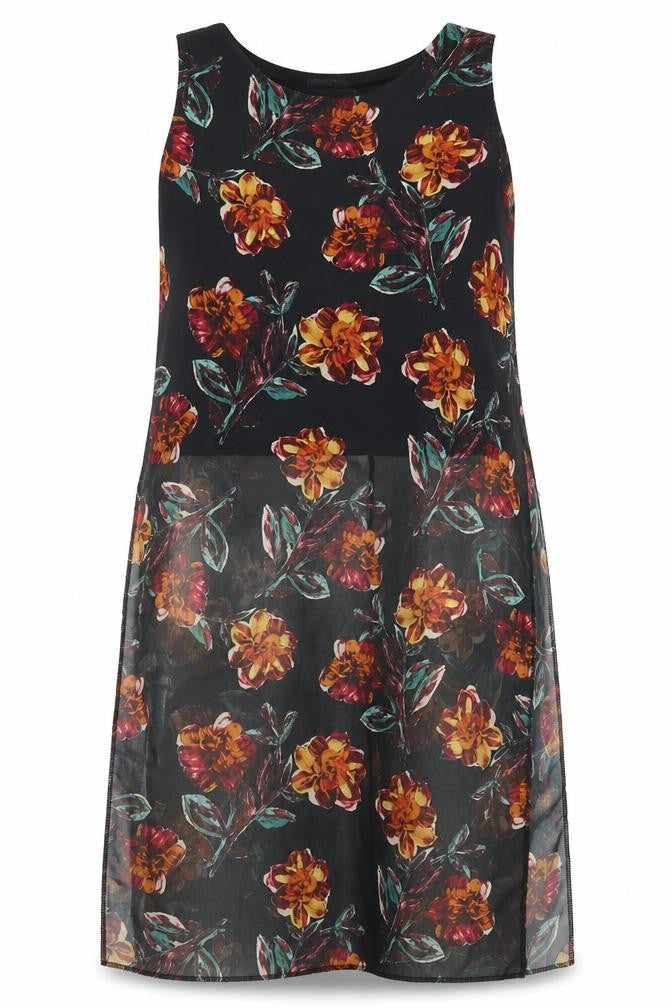 Urban Diva Womens Black Floral Polyester Basic Blouse Size 14 Round Neck - Longline