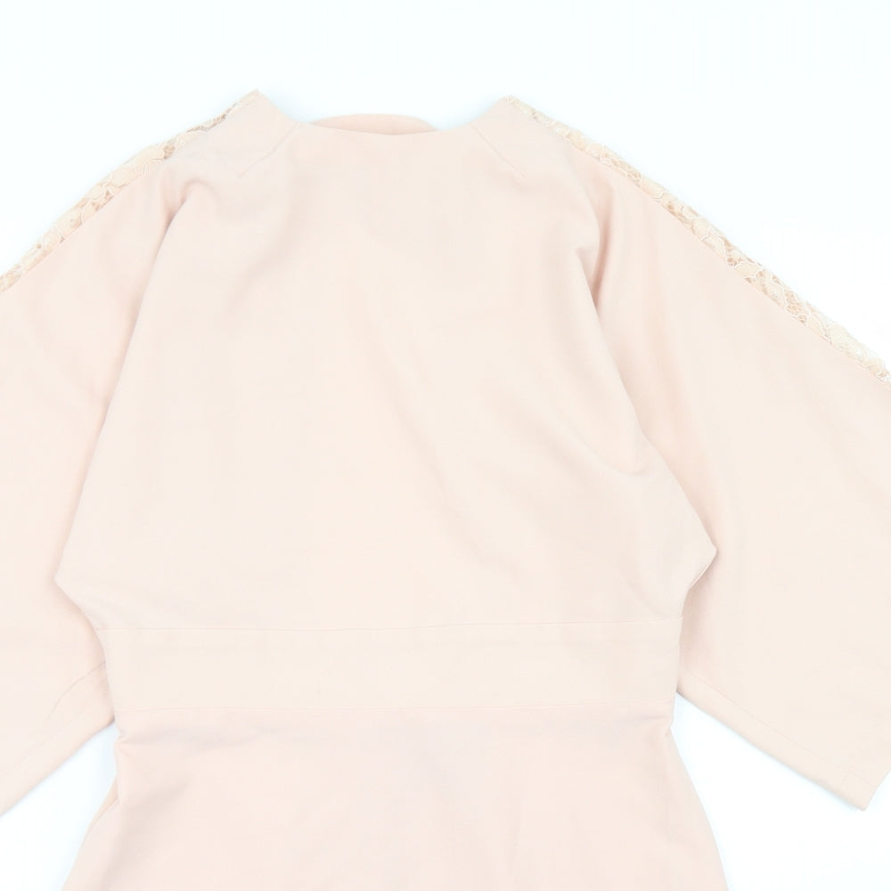 ASOS Womens Pink  Polyester Pencil Dress  Size 4  Crew Neck Zip - Lace sleeve detail, open back