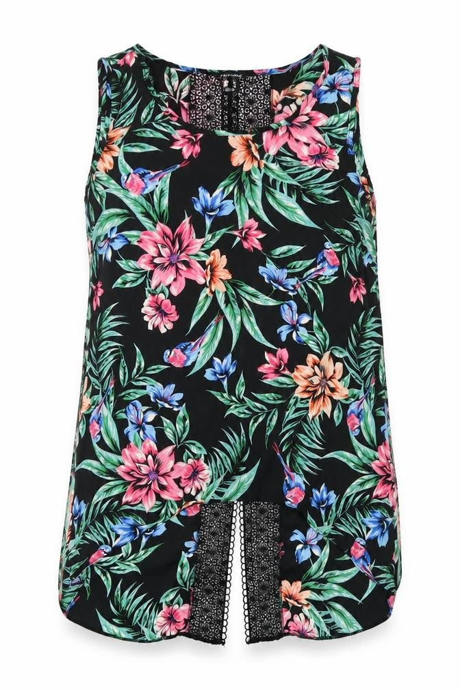 Primark Womens Black Floral Polyester Basic Blouse Size 10 Round Neck - Crochet back detail