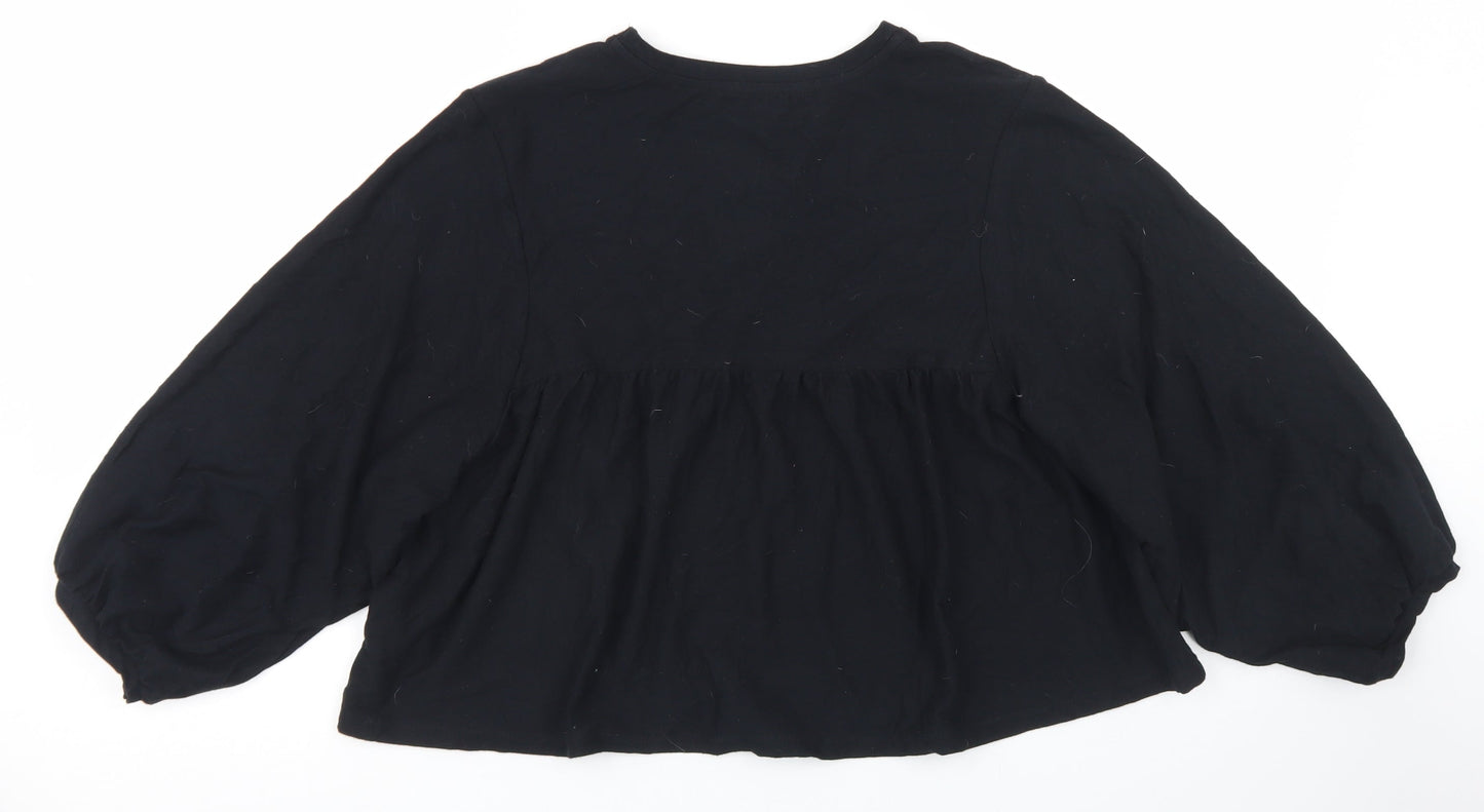 Zara Womens Black  Cotton Cropped T-Shirt Size S Crew Neck - Balloon Sleeve