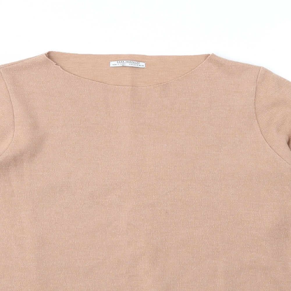 Zara Womens Beige Round Neck  Cotton Pullover Jumper Size S