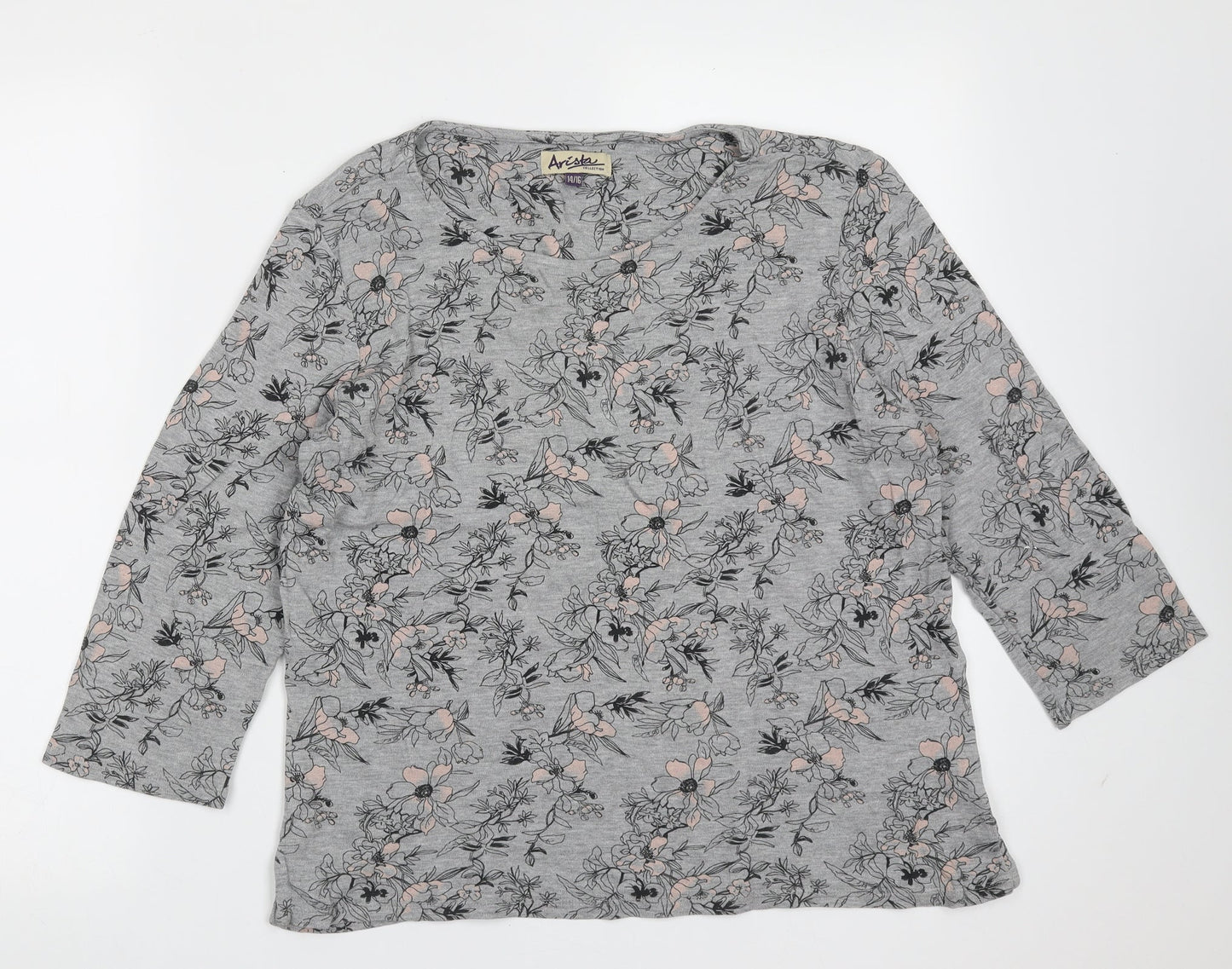 arista Womens Grey Floral Cotton Basic T-Shirt Size 14 Round Neck