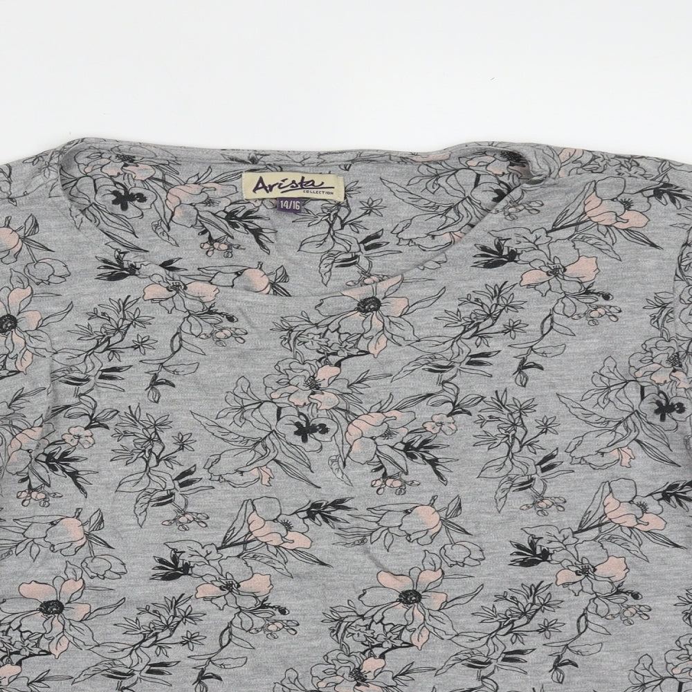 arista Womens Grey Floral Cotton Basic T-Shirt Size 14 Round Neck