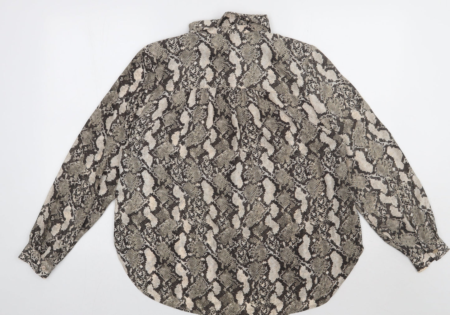 H&M Womens Brown Animal Print Polyester Basic Button-Up Size 14 Collared