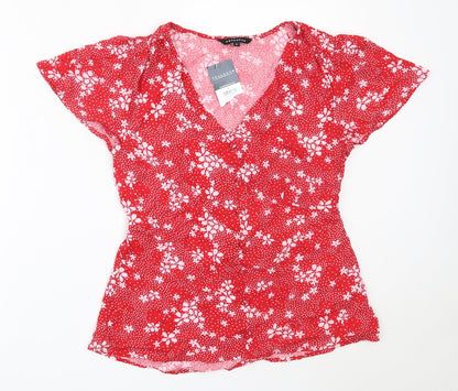 Preloved Peacocks Womens Red Floral Viscose Basic Blouse Size 8 V-Neck - Front