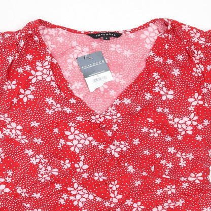 Preloved Peacocks Womens Red Floral Viscose Basic Blouse Size 8 V-Neck - Detail