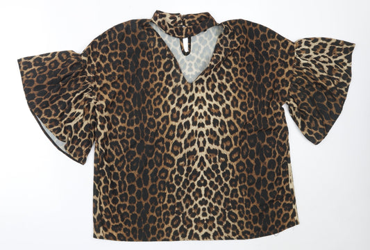 NEXT Womens Brown Animal Print Polyester Basic Blouse Size 12 V-Neck