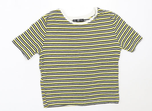 Zara Womens Yellow Striped Viscose Basic T-Shirt Size S Off the Shoulder