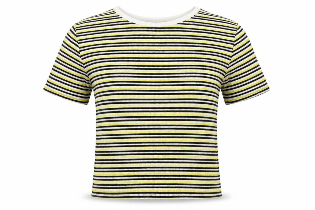 Zara Womens Yellow Striped Viscose Basic T-Shirt Size S Off the Shoulder