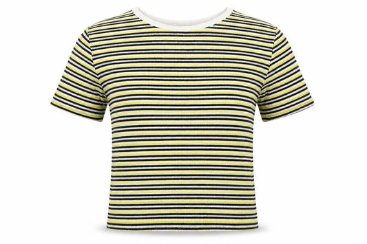 Zara Womens Yellow Striped Viscose Basic T-Shirt Size S Off the Shoulder