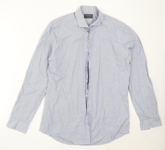 Marks and Spencer Mens Blue Striped Cotton  Button-Up Size 16 Collared