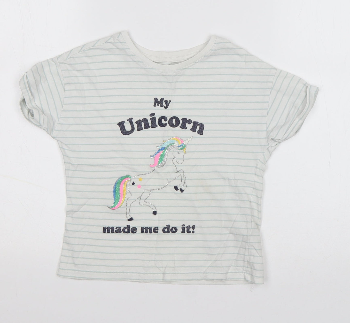 Marks and Spencer Girls White Striped Cotton Basic T-Shirt Size 6-7 Years Round Neck Pullover - My Unicorn made me Do it!