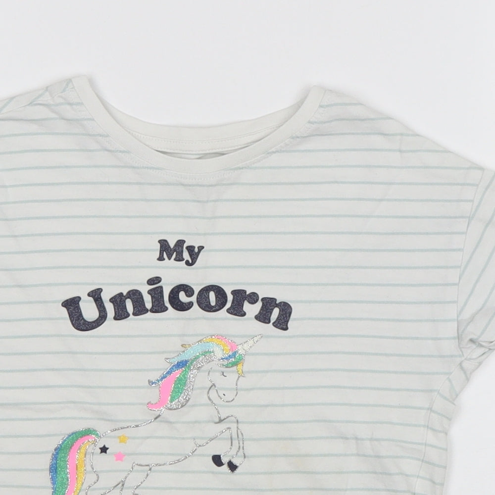 Marks and Spencer Girls White Striped Cotton Basic T-Shirt Size 6-7 Years Round Neck Pullover - My Unicorn made me Do it!