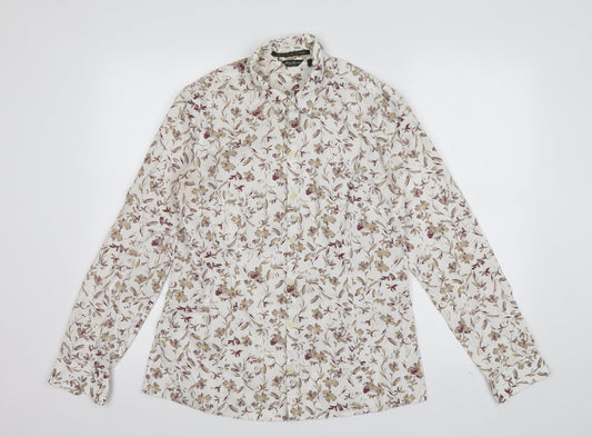 Eddie Bauer Mens Ivory Floral Cotton  Button-Up Size M Collared Button