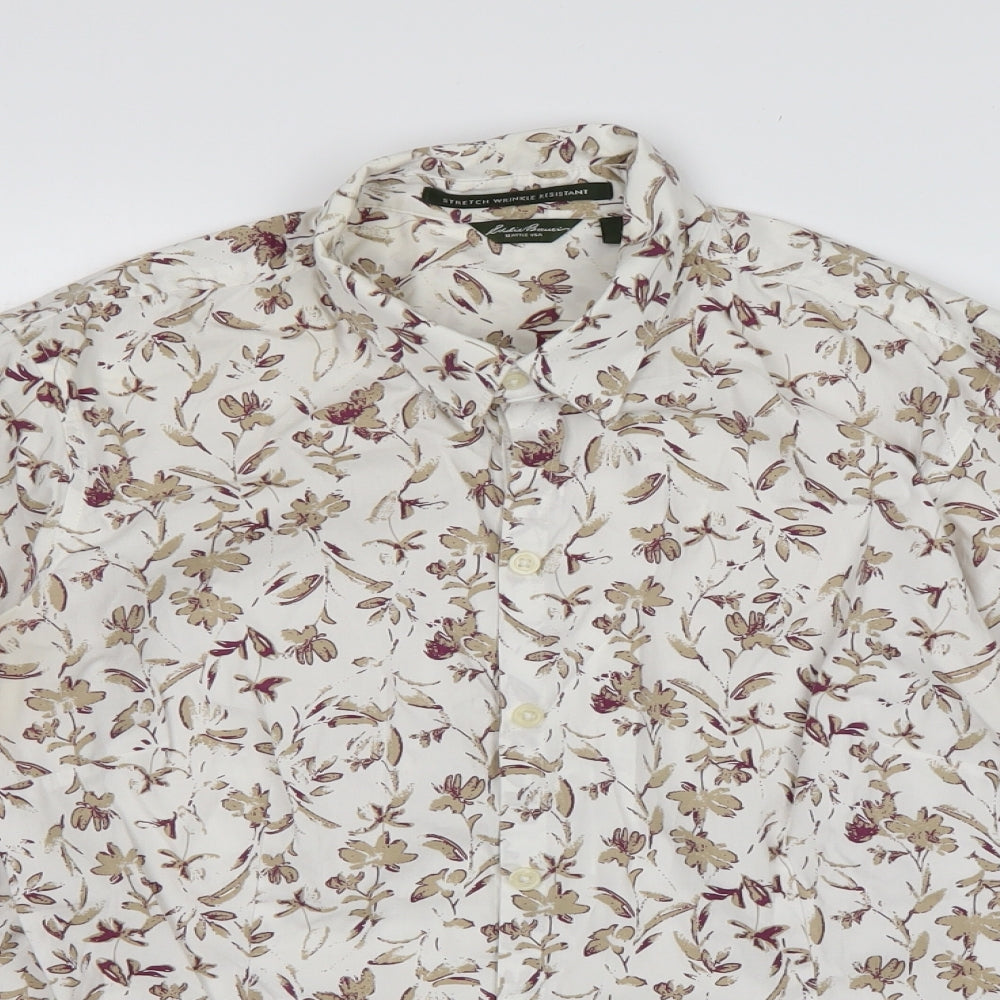 Eddie Bauer Mens Ivory Floral Cotton  Button-Up Size M Collared Button